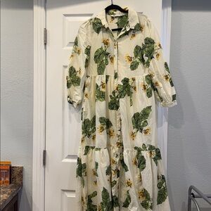 Zara Cream Maxi Dress with Green Leaf Print